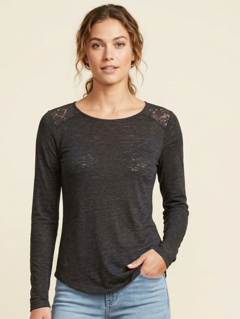 Banana Republic Heather Black Long Sleeve Lace Shoulder Top M